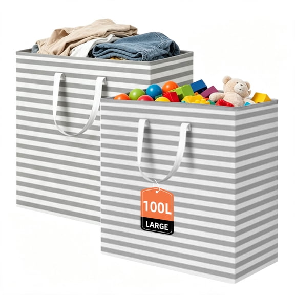 2 Pack 100L Large Collapsible Laundry Basket, Waterproof Fabric Laundry Hamper with Reinforced Handles, Striped Storage Bin for Clothes, Toys, Blankets