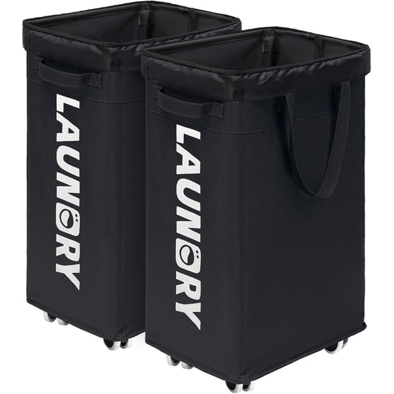 2 Pack Laundry Hamper with Wheels & Removable Wash Bags, 75L Tall Laundry Basket for Dorms, Large Collapsible Hamper for Corner Spaces - Black