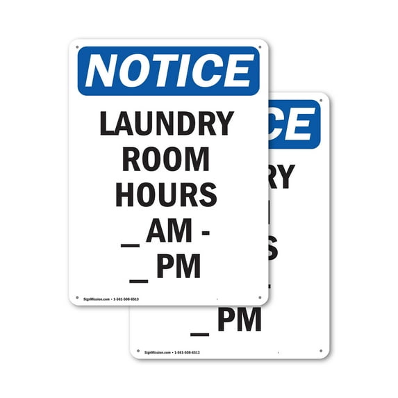 (2 Pack) Laundry Room Hours ____ Am - ____ Pm OSHA Notice Sign 12 Inch X 18 Inch Plastic Sign, Weather Resistant, UV Protected for Workplace, Business, and Construction Site, Made in