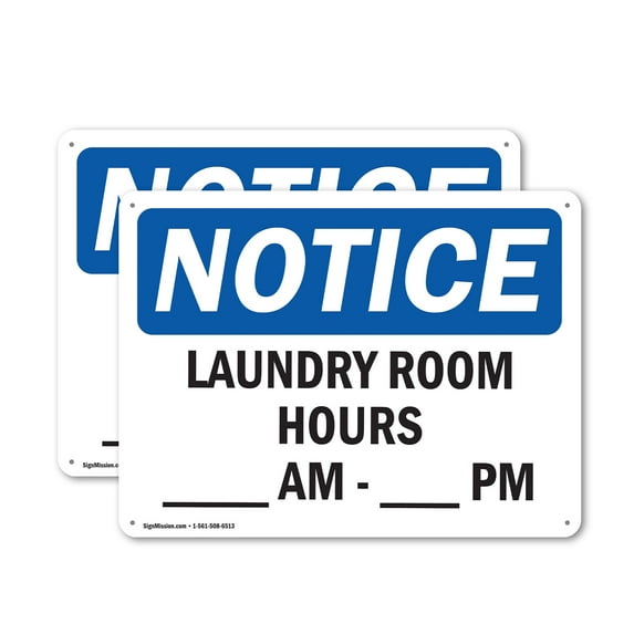 (2 Pack) Laundry Room Hours ____ Am - ____ Pm OSHA Notice Sign 18 Inch X 12 Inch Plastic Sign, Weather Resistant, UV Protected for Workplace, Business, and Construction Site, Made in