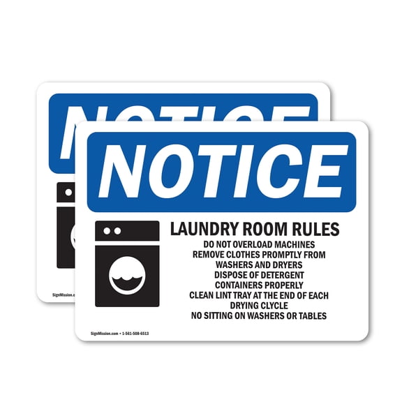 (2 Pack) Laundry Room Rules Do Not Overload Sign