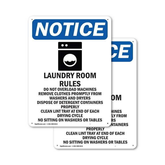 (2 Pack) Laundry Room Rules OSHA Notice Sign 7 Inch X 10 Inch Indoor / Outdoor Rust-Free Aluminum Metal Signs for Workplace, Workshop, and Construction Site, Made in the USA