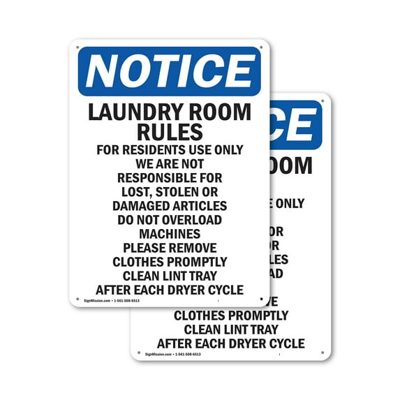 (2 Pack) Laundry Room Rules For Residents OSHA Notice Sign 18 Inch X 24 Inch Indoor / Outdoor Rust-Free Aluminum Metal Signs for Workplace, Workshop, and Construction Site, Made in the
