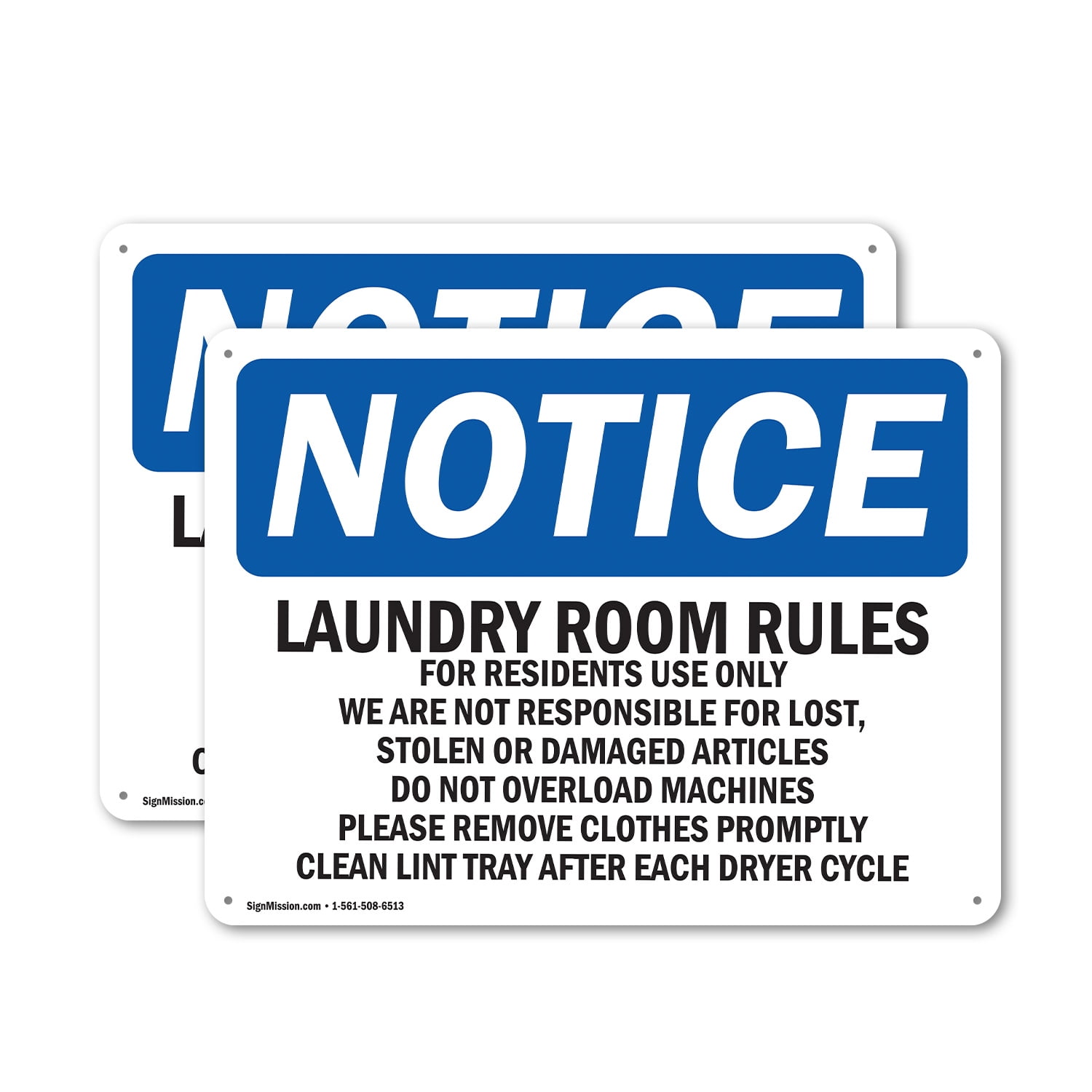 2 Pack) Laundry Room Rules For Residents Use Only OSHA Notice Sign