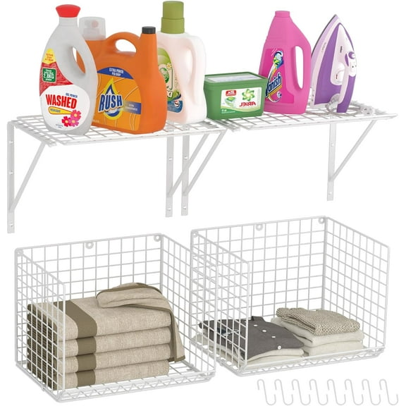 2 Laundry Room Shelves Wall Mounted with Wire Baskets, Over the Washer and Dryer Shelf with Clothes Drying Rack, 8 Hooks,Wire Shelves Baskets for Laundry Closet Organization and Storage, White