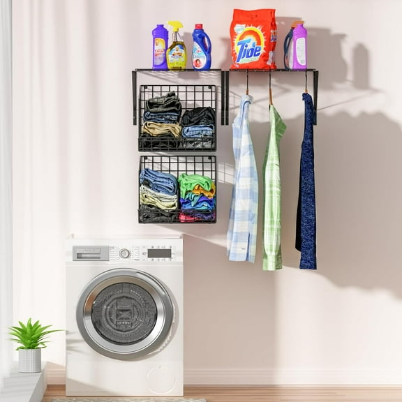 2 Pack Laundry Room Shelves with Wire Baskets, Over The Washer and Dryer Shelf, Wall Mounted Storage and Clothes Drying Rack, Wire Shelves Baskets for Laundry Closet Organization and Storage-Black