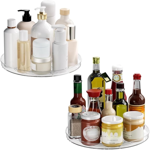 2 Pack Lazy Susan Organizer Turntable, Clear 9 Inch Rotating Organizer Tray for Cabinet Table Top, Round Non-Skid Refrigerator Lazy Susan, Kitchen Storage for Pantry Countertop Bathroom, Spice Rack