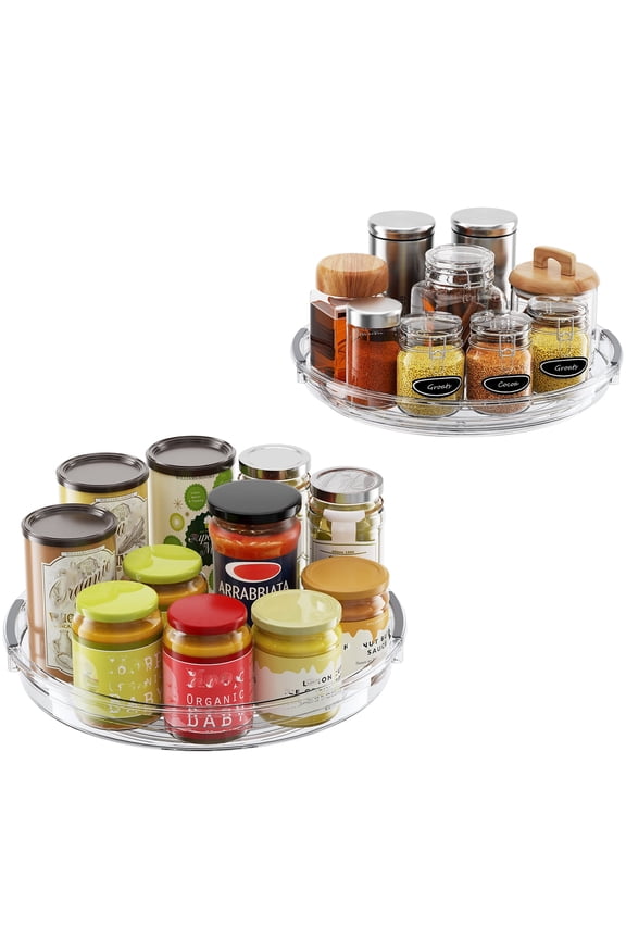 2 Pack Lazy Susan Turntable Organizer for Cabinet Refrigerator 9.25'' + 10.6'' Rotating Lazy Susan, Transparent