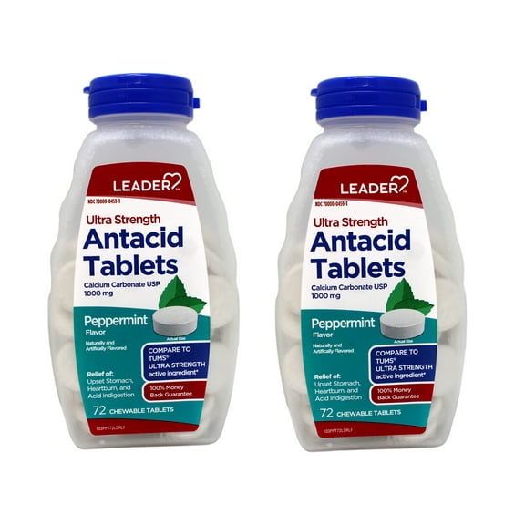 2 Pack - Leader Antacid Ultra Strength Chewable, Fast Heartburn & Indigestion Relief, Acid Reflux, Upset Stomach, Calcium Carbonate 1000mg, Peppermint, 72 Count