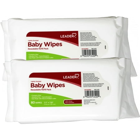 2 Pack - Leader Baby Wipes, Resealable Refill Pack, 7.1” x 7.9” (17.8 cm x 20.1 cm), Lightly Scented, 80 Count
