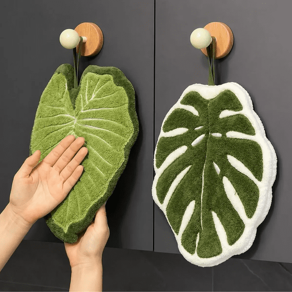 2 Pack Leaf Shaped Hand Towels, Soft Absorbent Hanging Towels with Loops, Decorative Kitchen Towels for Bathroom, Kitchen, Sink & Home, Pink and Green