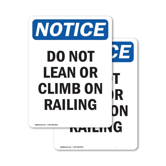 (2 Pack) Do Not Lean Or Climb On Railing OSHA Notice Sign 5 Inch X 3.5 Inch Vinyl Label Decal Sticker Weather Resistant, UV Protected for Workplace, Business, and Construction Site, Made in the USA
