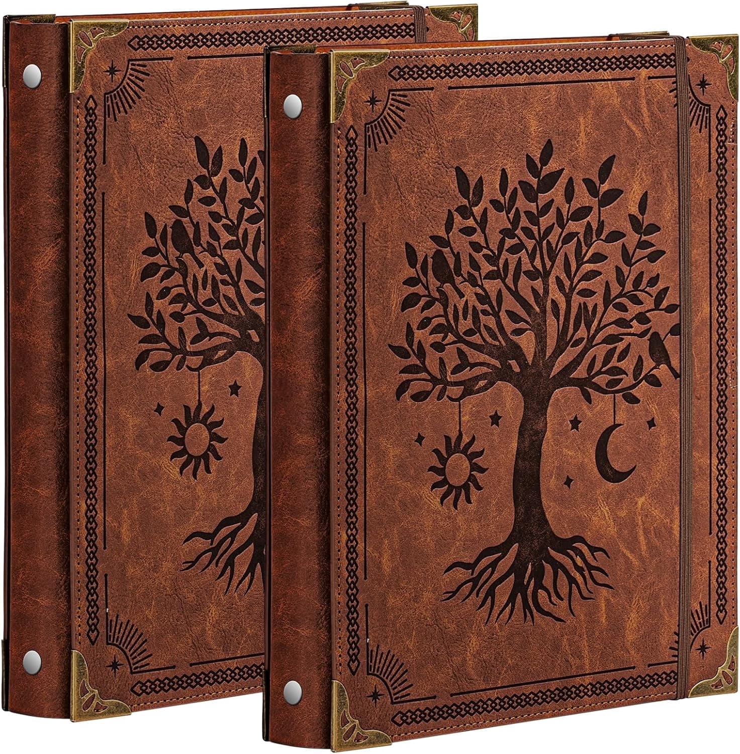 2 Pack Leather 3 Ring Binder Fits 8.5"x11" Letter Size Paper, 1 Inch Round Ring Binder Holds 200 Sheets, Notebook Cover Loose Leaf Organizer, Brown Tree