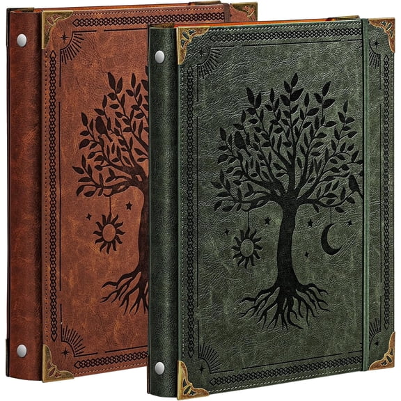 2 Pack Leather 3 Ring Binder Fits 8.5"x11" Letter Size Paper, 1 Inch Round Ring Binder Holds 200 Sheets, Notebook Cover Loose Leaf Organizer, Green and Brown