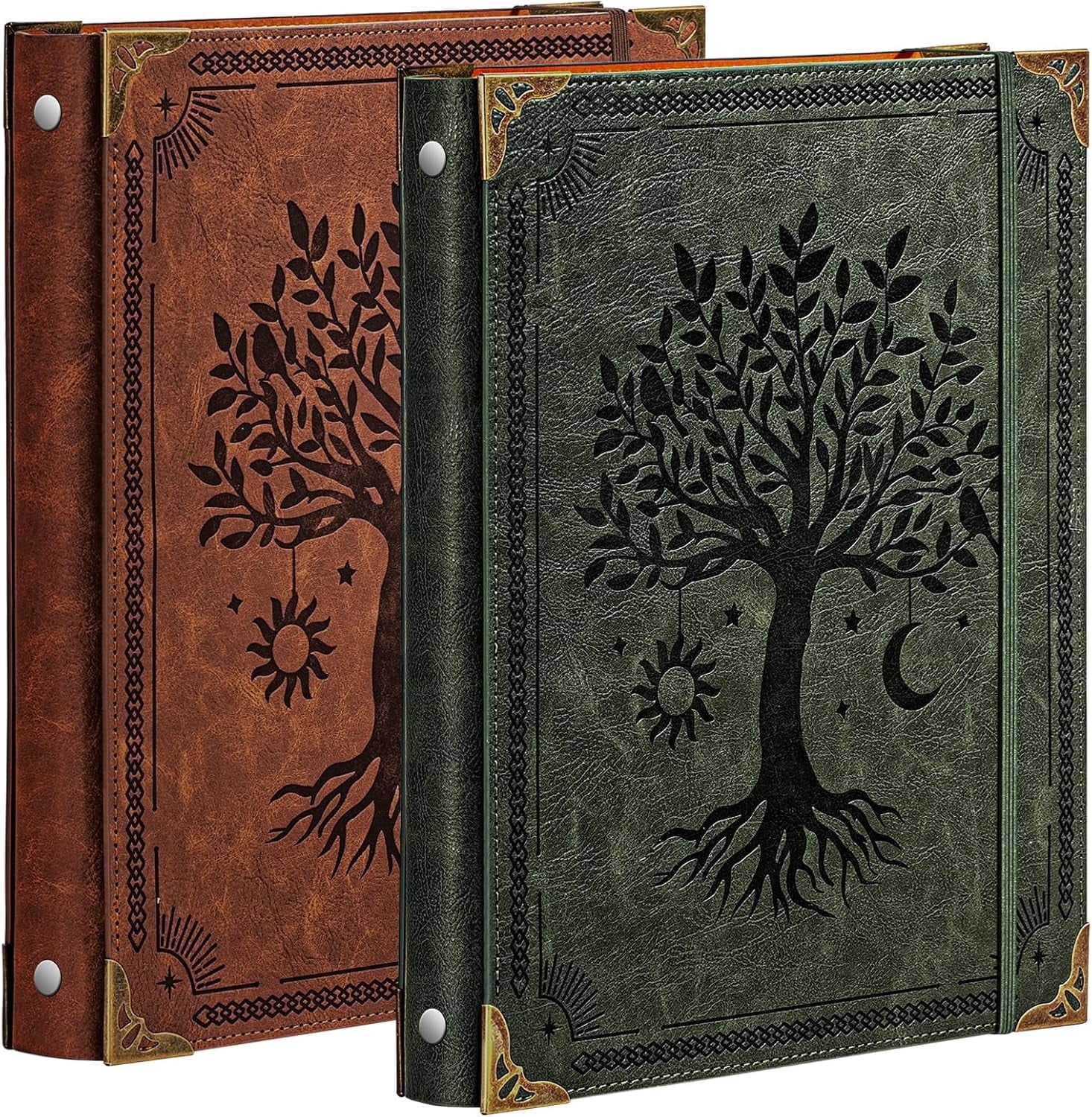 2 Pack Leather 3 Ring Binder Fits 8.5"x11" Letter Size Paper, 1 Inch Round Ring Binder Holds 200 Sheets, Notebook Cover Loose Leaf Organizer, Green and Brown