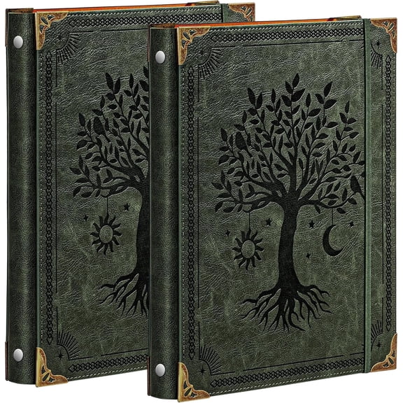 2 Pack Leather 3 Ring Binder Fits 8.5"x11" Letter Size Paper, 1 Inch Round Ring Binder Holds 200 Sheets, Notebook Cover Loose Leaf Organizer, Green Tree