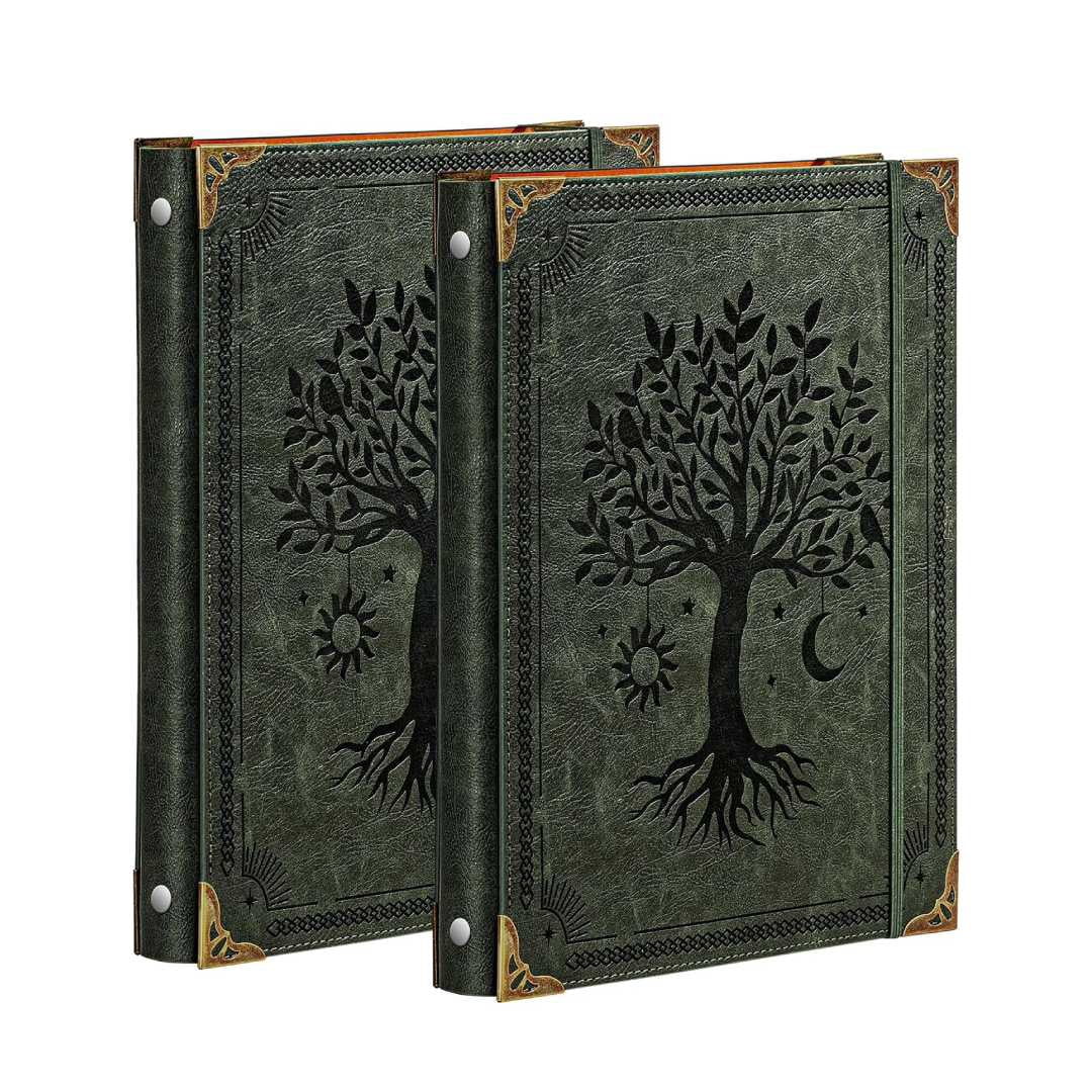 2 Pack Leather 6 Ring Binder 1 Inch Round Ring Binder Holds 200 Sheets 5.7"x8.3" Letter Size Paper, Wedding Family History Notebook Cover Loose Leaf Organizer