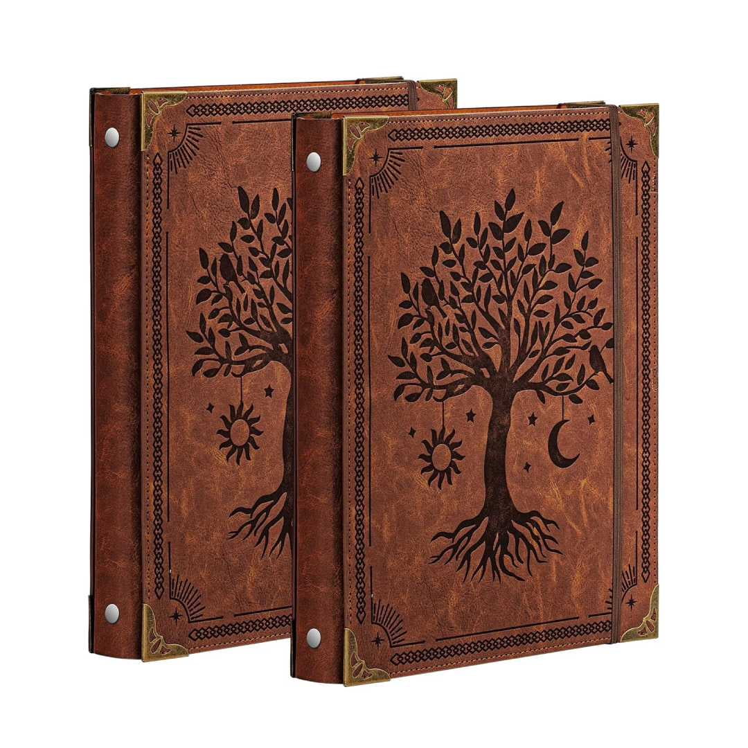 2 Pack Leather 6 Ring Binder 1 Inch Round Ring Binder Holds 200 Sheets 5.7"x8.3" Letter Size Paper, Wedding Family History Notebook Cover Loose Leaf Organizer