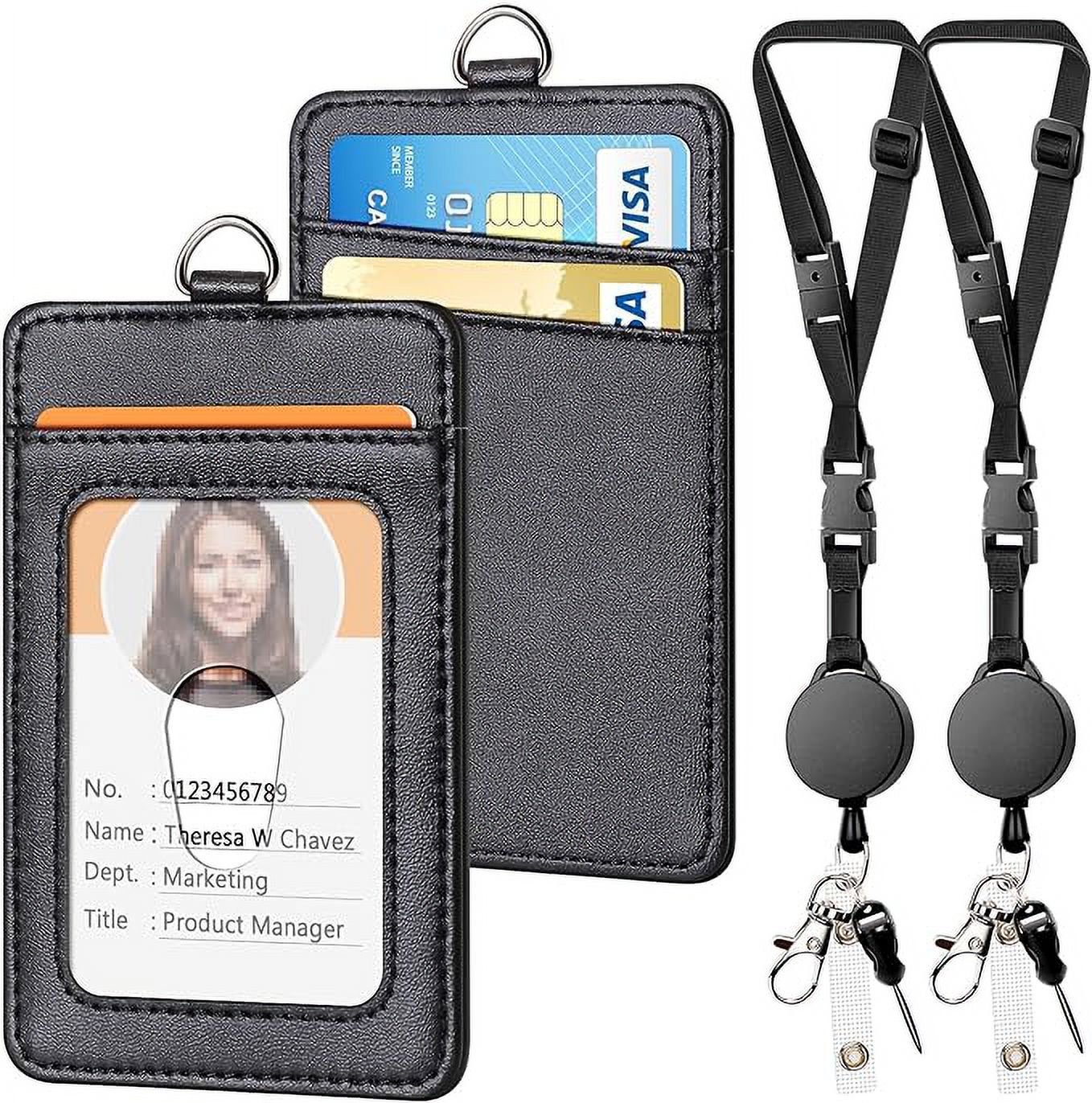 2 Pack Leather Badge Holder and Adjustable Retractable Lanyards, Quick