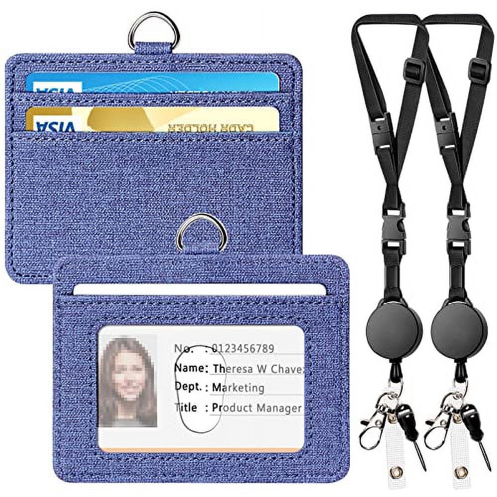 2 Pack Leather Badge Holder and Adjustable Retractable Lanyards, Quick