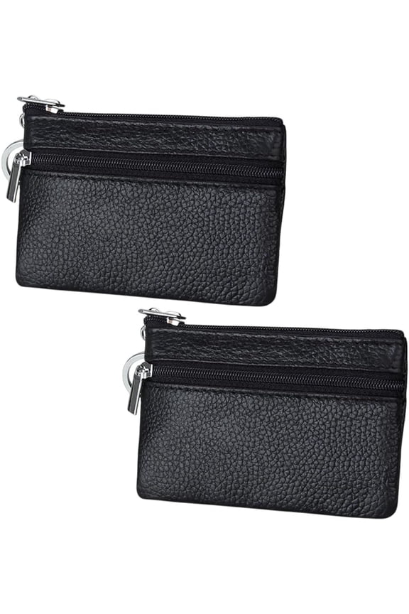 2 Pack Leather Coin Purses Change Pouch with Keychain Ring Vegan Leather Small Wallets Mini Zipper Pocket Black Card Holders for Women Men Receipts Card Holding Daily Use