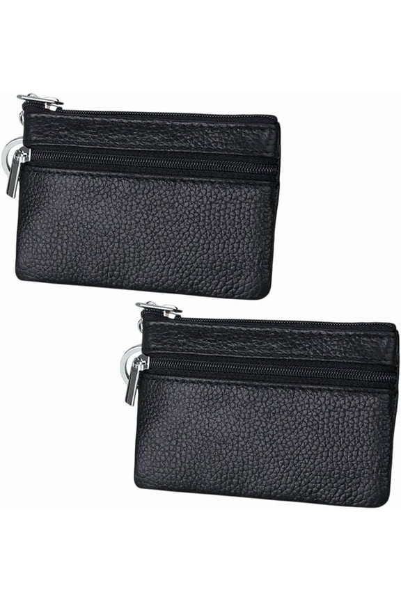 2 Pack Leather Coin Purses Change Pouch with Keychain Ring Vegan Leather Small Wallets Mini Zipper Pocket Black Card Holders