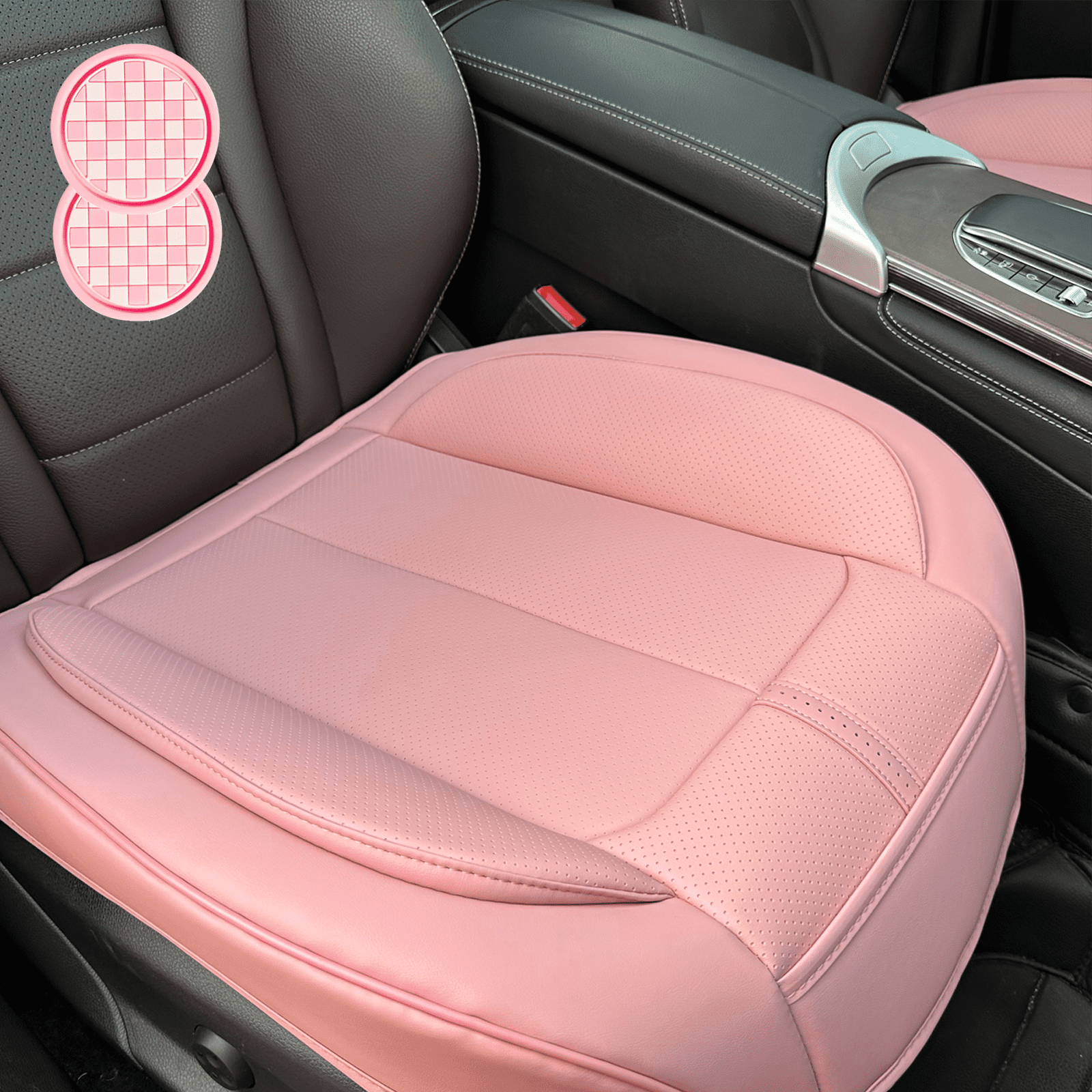 2 Pack Leather Front Car Seat Cover Bottom Only, Anti-Slip Padded Seat Cushion, Full Wrap Seat Protector with Storage Function Universal Fit for Most Cars, SUV, Pick-up Trucks (Pink)