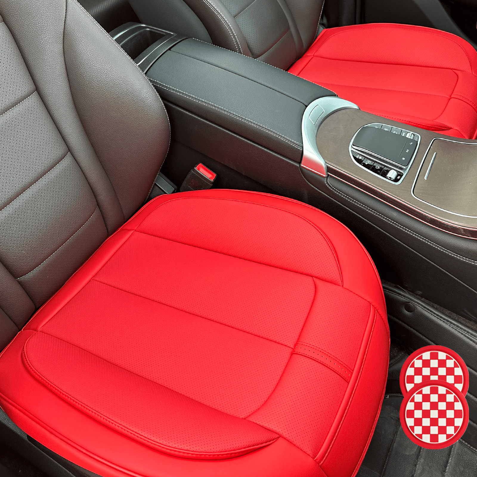 2 Pack Leather Front Car Seat Cover Bottom Only, Anti-Slip Padded Seat Cushion, Full Wrap Seat Protector with Storage Function Universal Fit for Most Cars, SUV, Pick-up Trucks (Red)