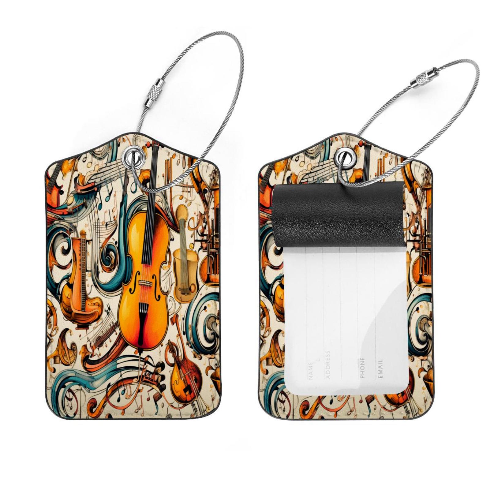 2 Pack Leather Luggage Tag with Stainless Steel Loop, Musical