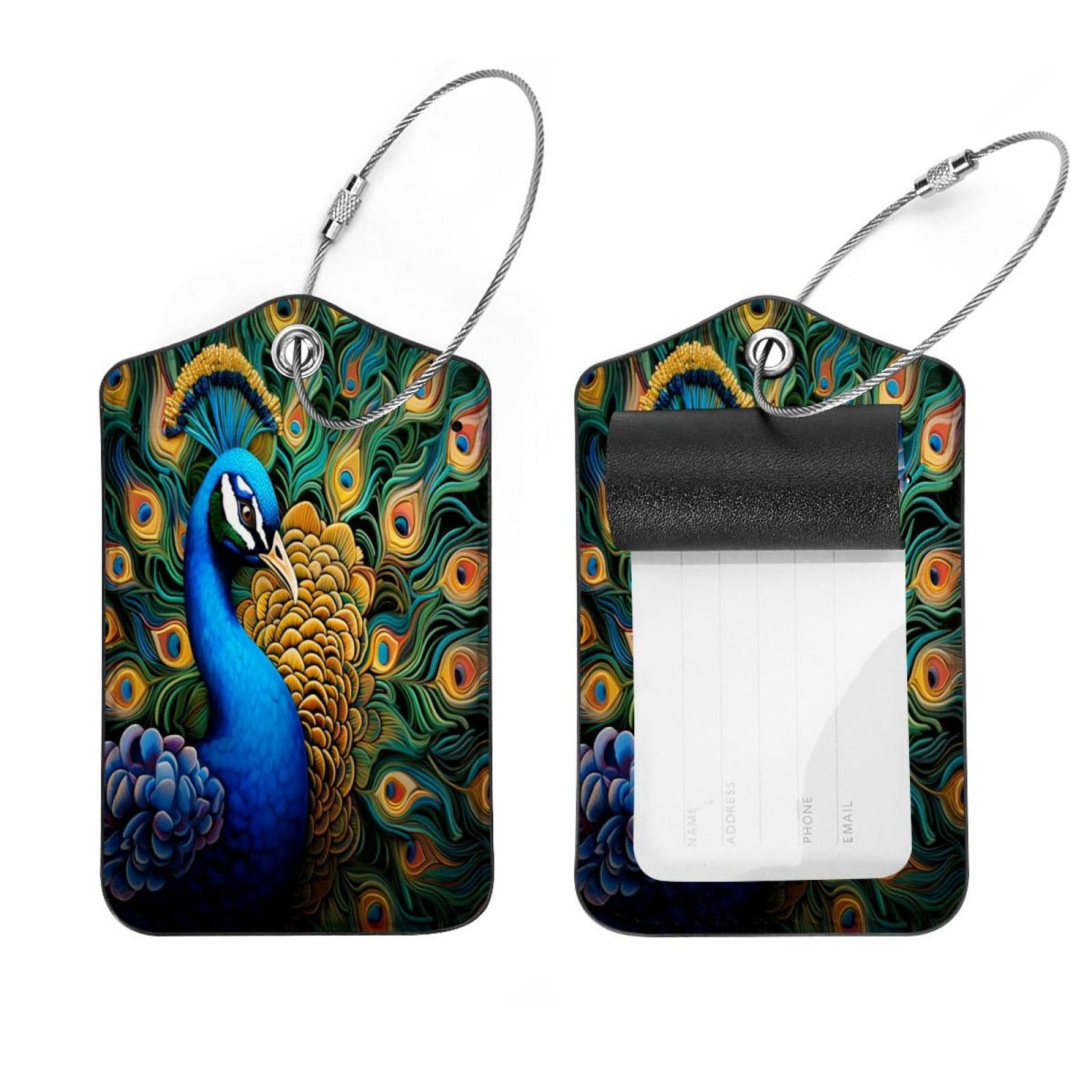 2 Pack Leather Luggage Tag with Stainless Steel Loop, Peacock Flower ...