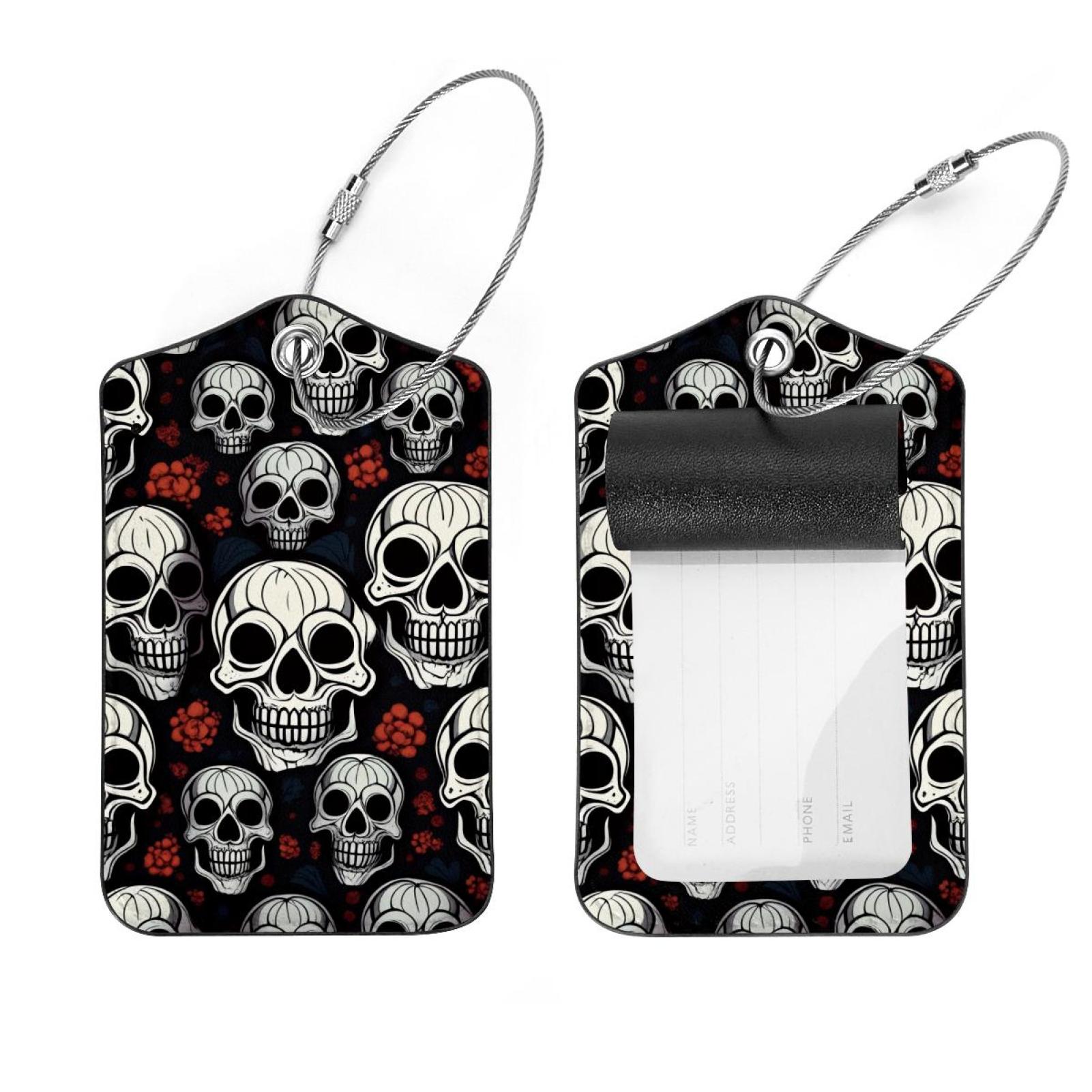 2 Pack Leather Luggage Tag with Stainless Steel Loop, Skulls Head