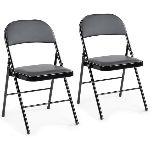 2 Pack Leather Padded Folding Chair, Indoor Outdoor Portable Stackable Commercial Seat with Steel Frame, Capacity for Home, Office, Party, Comfy, Black