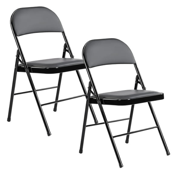 2 Pack Leather Padded Folding Chairs, Indoor Outdoor Stackable Portable Metal Frame Chairs, Comfortable Seating for Home Office Party Events, Black