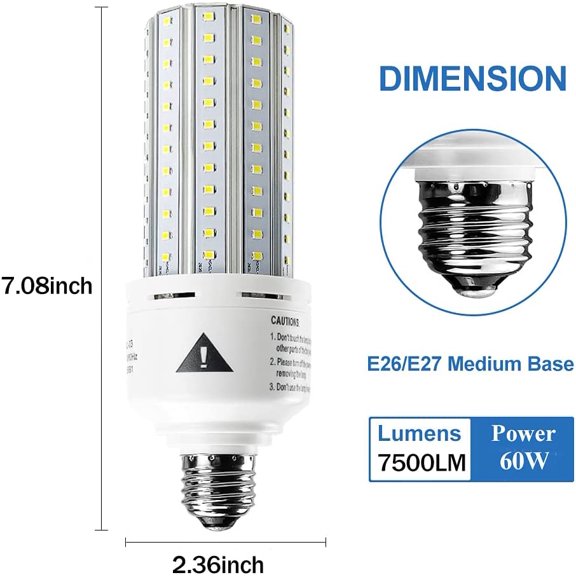 2 Pack Led Light Bulb 500W Equivalent 7500 Lumen 5000K E26/E27 Medium Base 60W led Bulb for Outdoor Indoor Lamp Area Garage Warehouse Workshop Street Backyard New Upgrade 2 Count (Pack of 1)