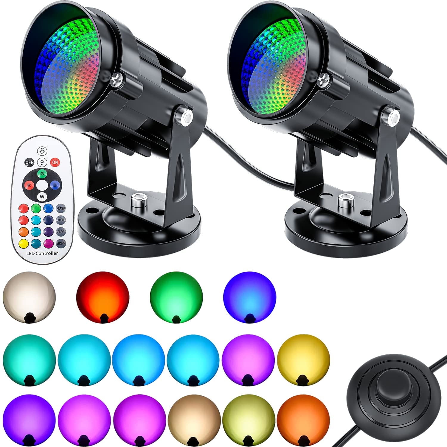 2 Pack Led Spot Lights Indoor Christmas 12W RGBW Uplighting Indoor 120V 16 Color Changing Floor Spotlight Can Light with Remote Up Lights Accent Lighting Foot Switch & 6 FT Plug Cord