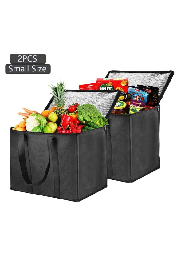 2 Pack Leftover Tote Cooler Bag, Large Insulated Reusable Grocery Zipper Bag for Grocery Shopping Food Delivery (Black)