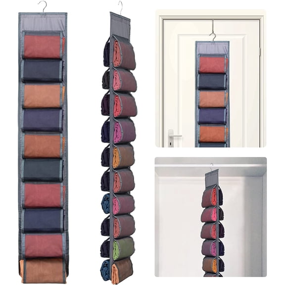 2 Pack Legging Storage Organizer- Hanging Closet Organizer System Clothes Closets Holder with 20 Roll Independent Compartments for Yoga Leggings T-Shirts Bras Socks Pants Tank Top Towel(Grey)