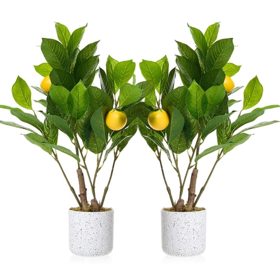 2 Pack Lemon Branch Fake Plants, 19.7" Artificial Lemon Tree with Speckles White Pot, Decorative Artificial Lemon Plants Indoor for Home & Office
