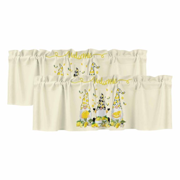 2 Pack Lemon Dwarf Valance for Window Welcome Green Leaf Summer Yellow Background Kitchen Valance Rod Pocket Short Curtain Topper Decorative Window Treatment for Living Room Bedroom 42"x12"