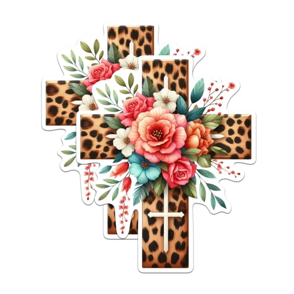 (2 Pack) Leopard Cross Print with Flowers - Christian Faith Stickers - Jesus Christ Sticker - 5 Inches On Longest Side - Premium Vinyl - For Cars, Trucks, Skateboards, Laptops - Made In USA - BMCS0435