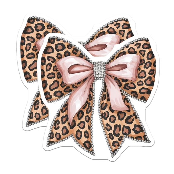 (2 Pack) Leopard Print Bow Magnets - Pink Ribbon Glamour - Pearl Detail Decor - Chic Animal Print Refrigerator Magnet - 5 Inches On Longest Side - Thick Durable Magnet - Made in USA - MAG20437