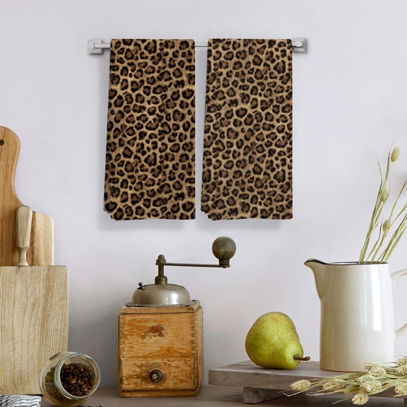 2 Pack Leopard Print Kitchen Dish Towels - Soft Absorbent Brown Cheetah Animal Print Hand Towels for Kitchen Decor, Cooking, Cleaning, Drying Dishes