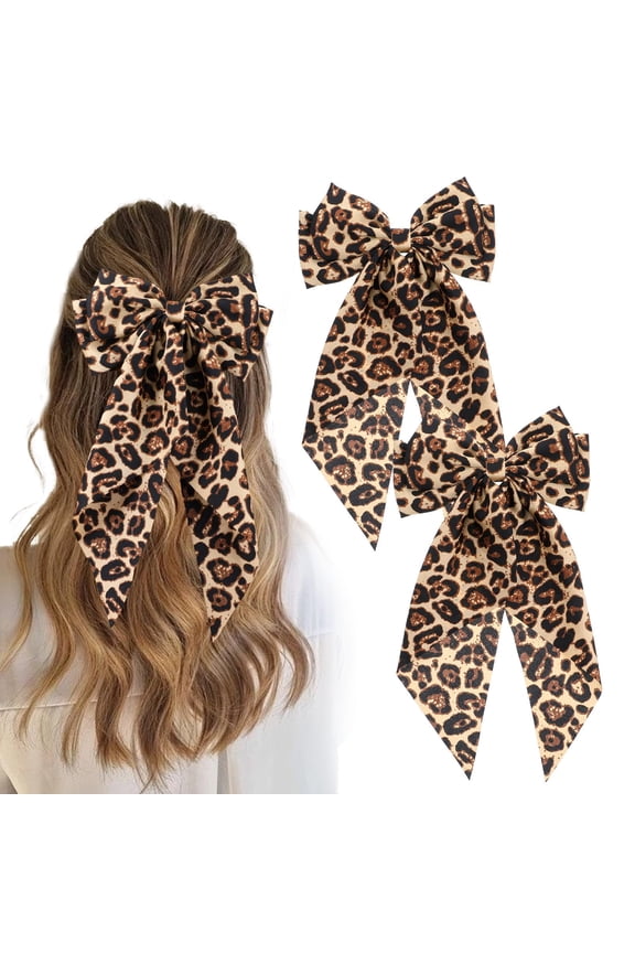 2-Pack Leopard Print Silk Ribbon Bow Hair Clips for Women, Oversized Long Tail Design, Cute Ponytail Accessory with Sturdy Button