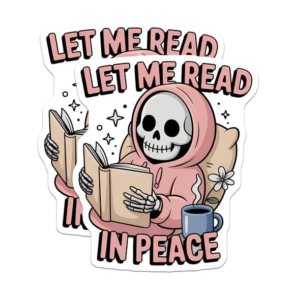 (2 Pack) Let Me Read in Peace Magnets - Skeleton Bookworm Humor - Cozy Introvert Reading Decor - 5 Inches On Longest Side - Thick Durable Magnet - Made in USA - MAG23179
