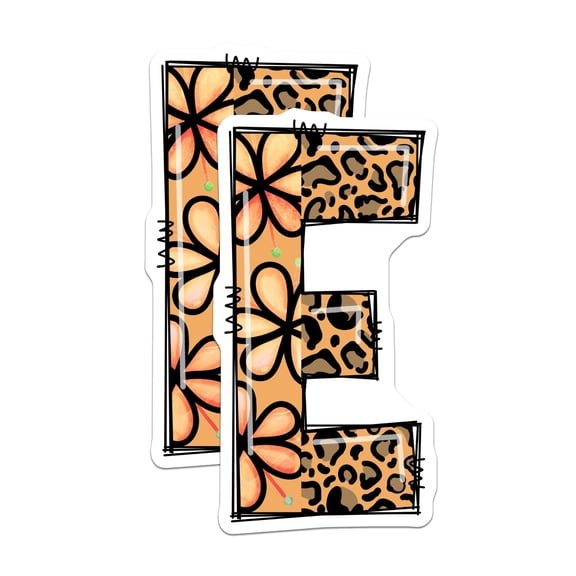 (2 Pack) Letter E Stickers - Floral Leopard Print Initial - Custom Initial Sticker- 5" On Longest Side - Sticks to Smooth Flat Surfaces - Made in USA - BMCS16335