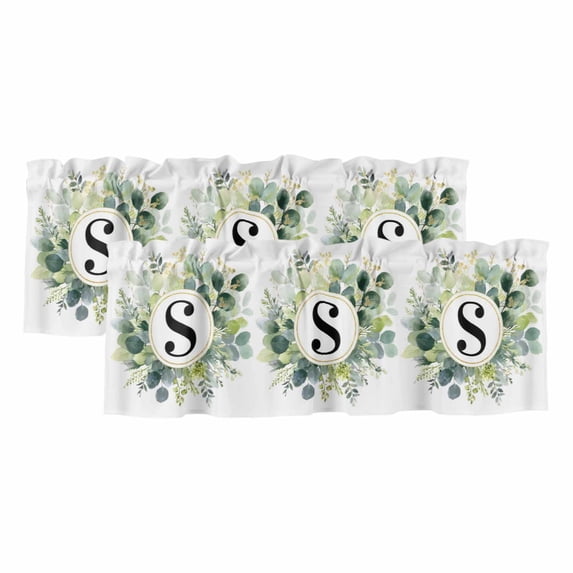 2 Pack Letter S Valance for Window Alphabet Green Eucalyptus Leaves Plant Simple Kitchen Valance Rod Pocket Short Curtain Topper Decorative Window Treatment for Living Room Bedroom 42"x18"