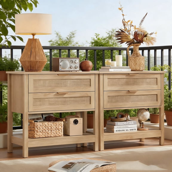 2 Pack Leyaoyao 31.5" Wide Rattan Nightstand, Boho Bedside Table with Storage, Adult Tall End Table with Drawers for Bedroom, Living Room, Hallway