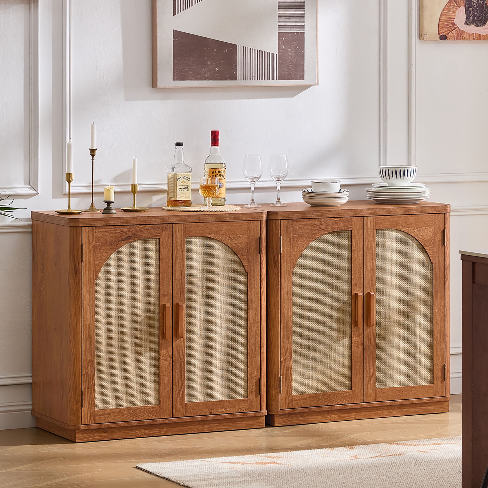 2 Pack Leyaoyao Rattan Sideboard Buffet Cabinet with Storage Shelves ...