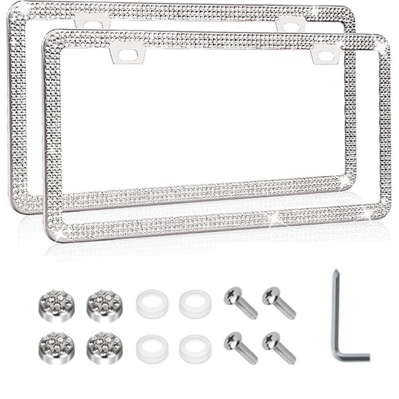 2 Pack License Plate Frame,Bling Rhinestone License Plate Holder,Stainless Steel Diamond Car License Plate Cover for Women Girl,Crystal License Plate Frame with Screw Caps,White