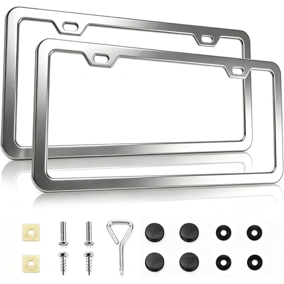 2-Pack License Plate Frames, Universal Aluminum Licence Plate Frame Holder, 2-Hole Narrow Slim Design Holder with Screws & Caps, Universal Fit for Cars, Trucks, Various Vehicles-Silver